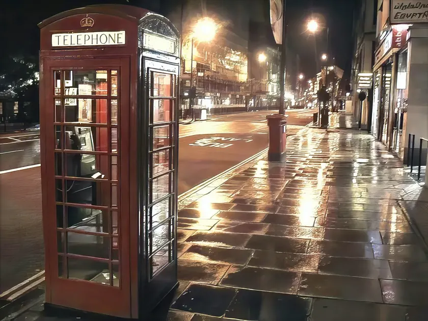 A London phone box on a rainy night